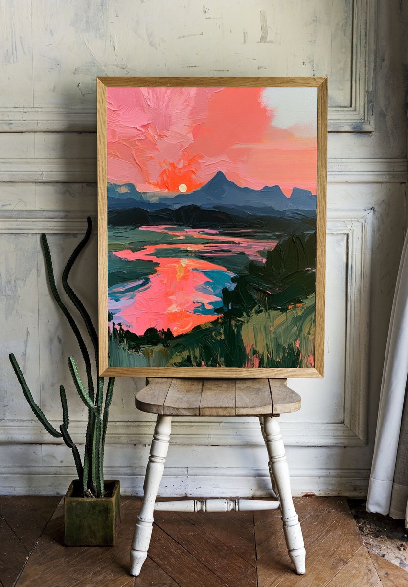 Pink Sunset Mountain Landscape Print. — room view 1