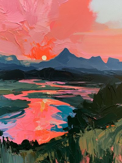 Pink Sunset Mountain Landscape Print.