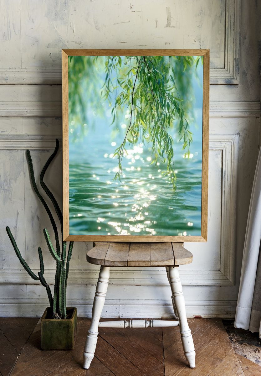 Willow Leaves by Water Photography Poster. — room view 1
