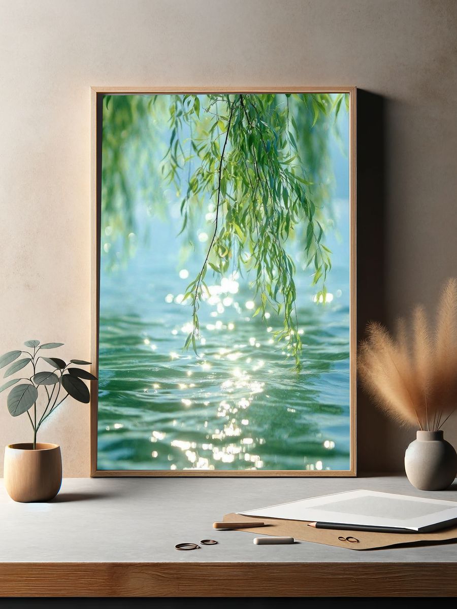 Willow Leaves by Water Photography Poster. — room view 2