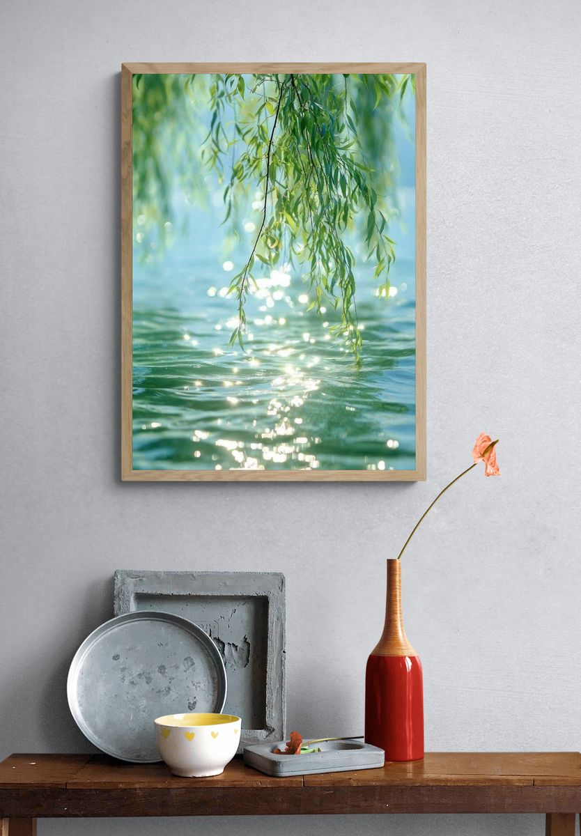 Willow Leaves by Water Photography Poster. — room view 3