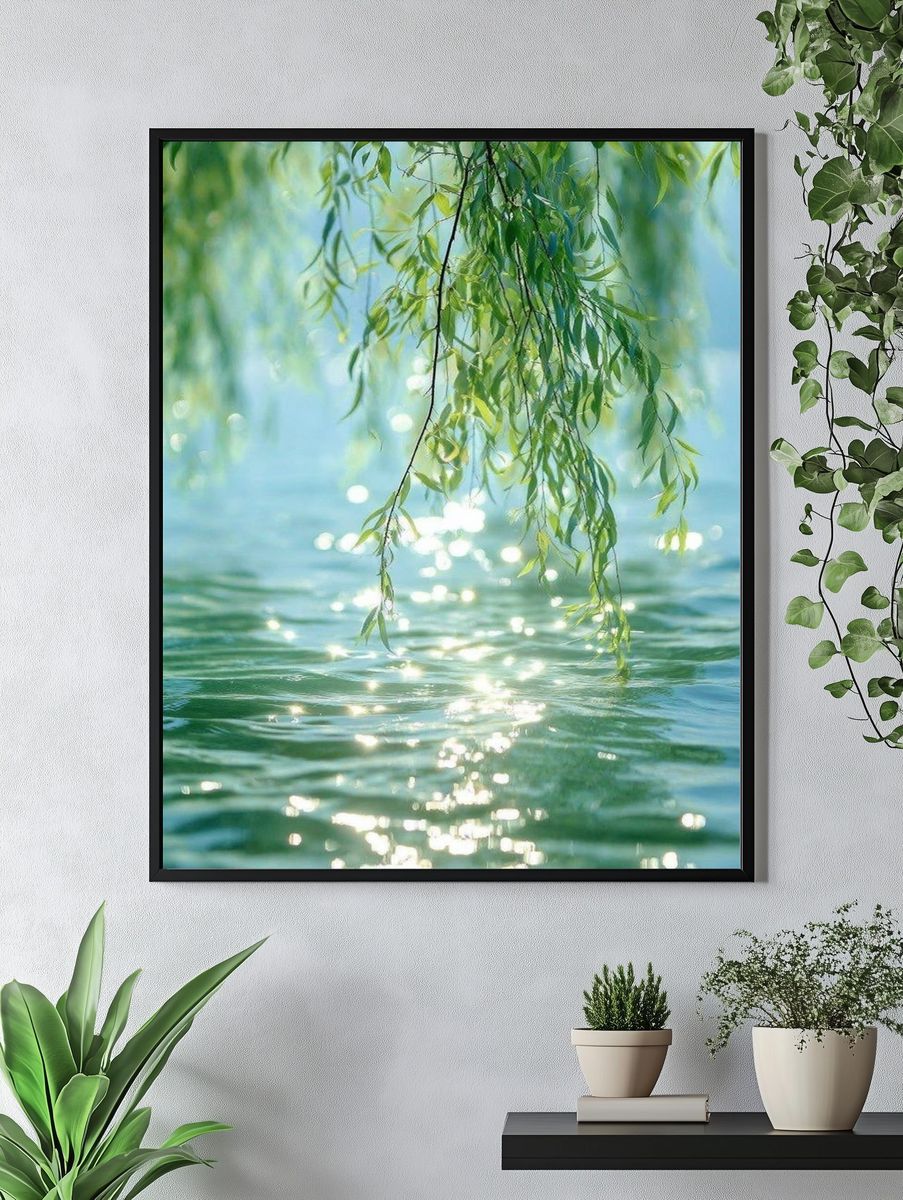Willow Leaves by Water Photography Poster. — room view 4