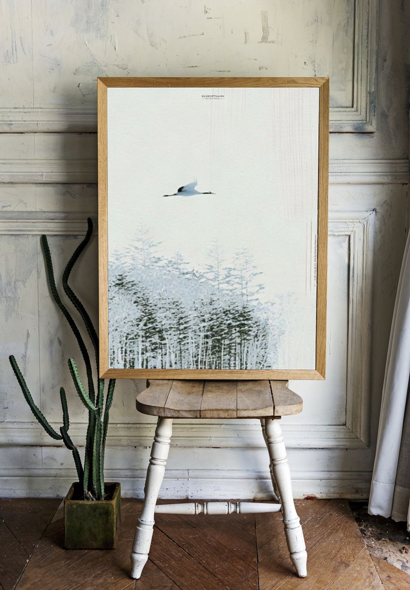 Crane Over Winter Forest Print. room preview