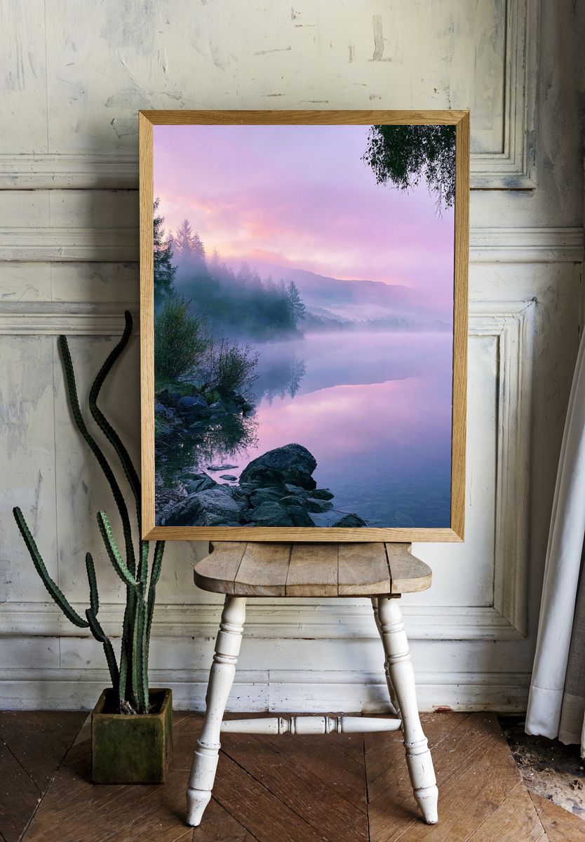 Misty Lake Sunrise Photography Poster. room preview