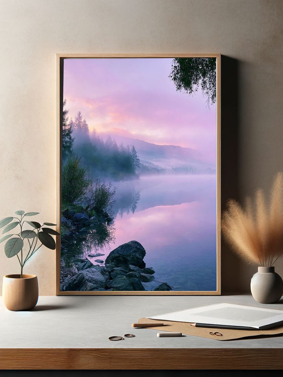 Misty Lake Sunrise Photography Poster. — room view 2