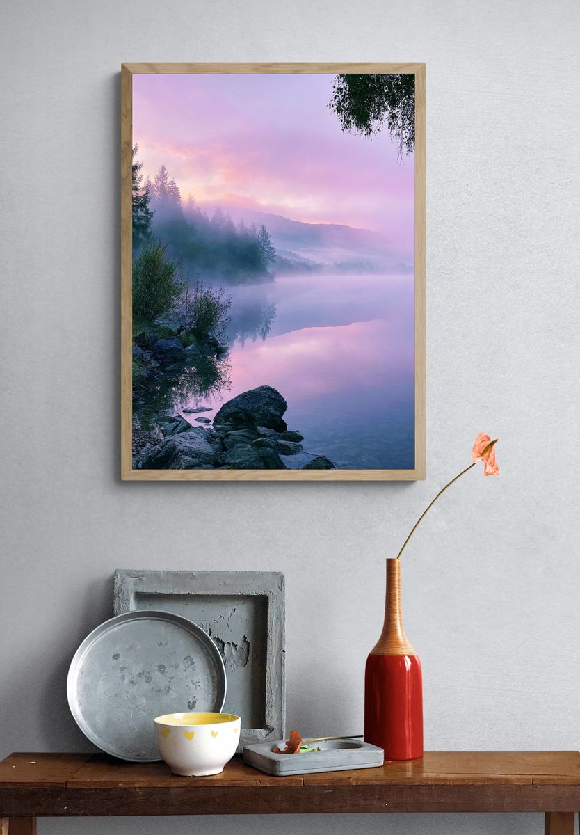 Misty Lake Sunrise Photography Poster. — room view 3