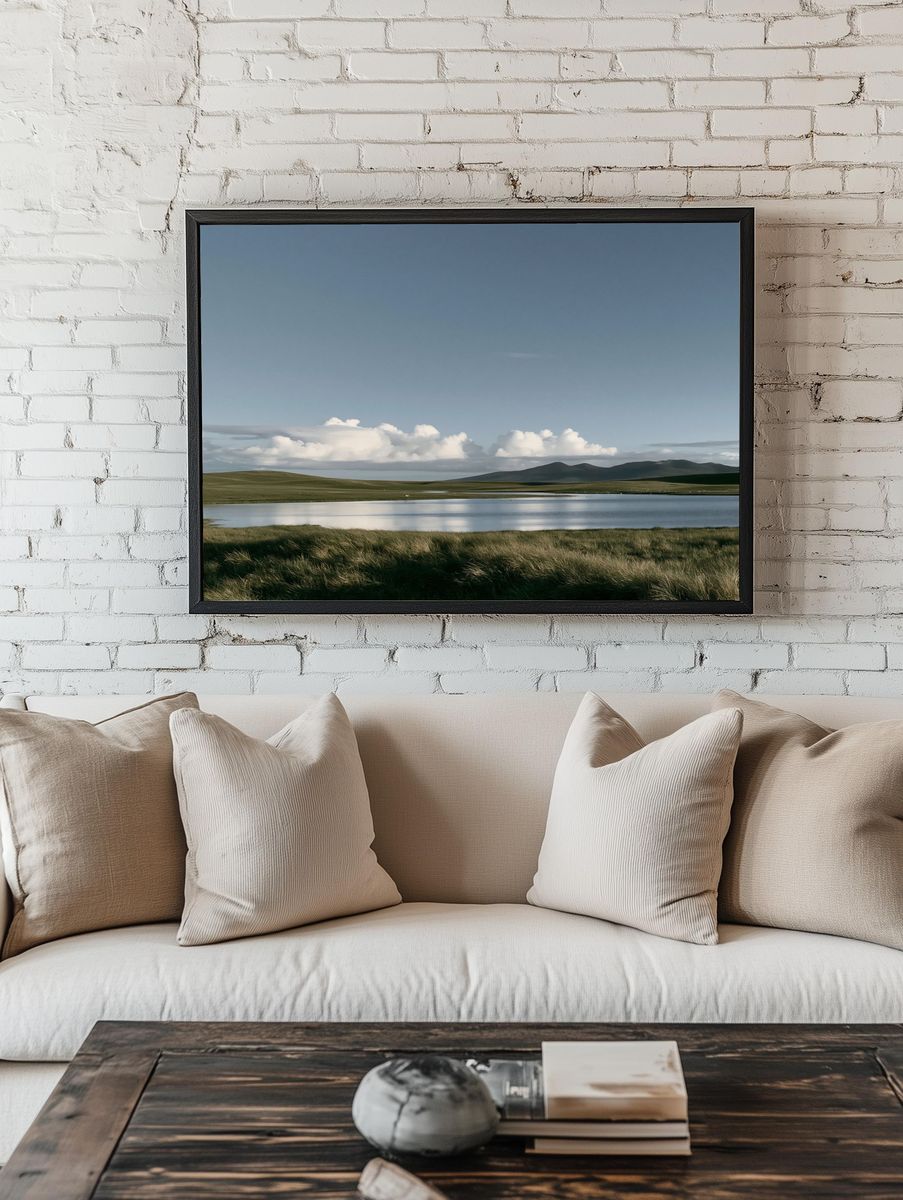 Misty Highland Lake Landscape Print. room preview