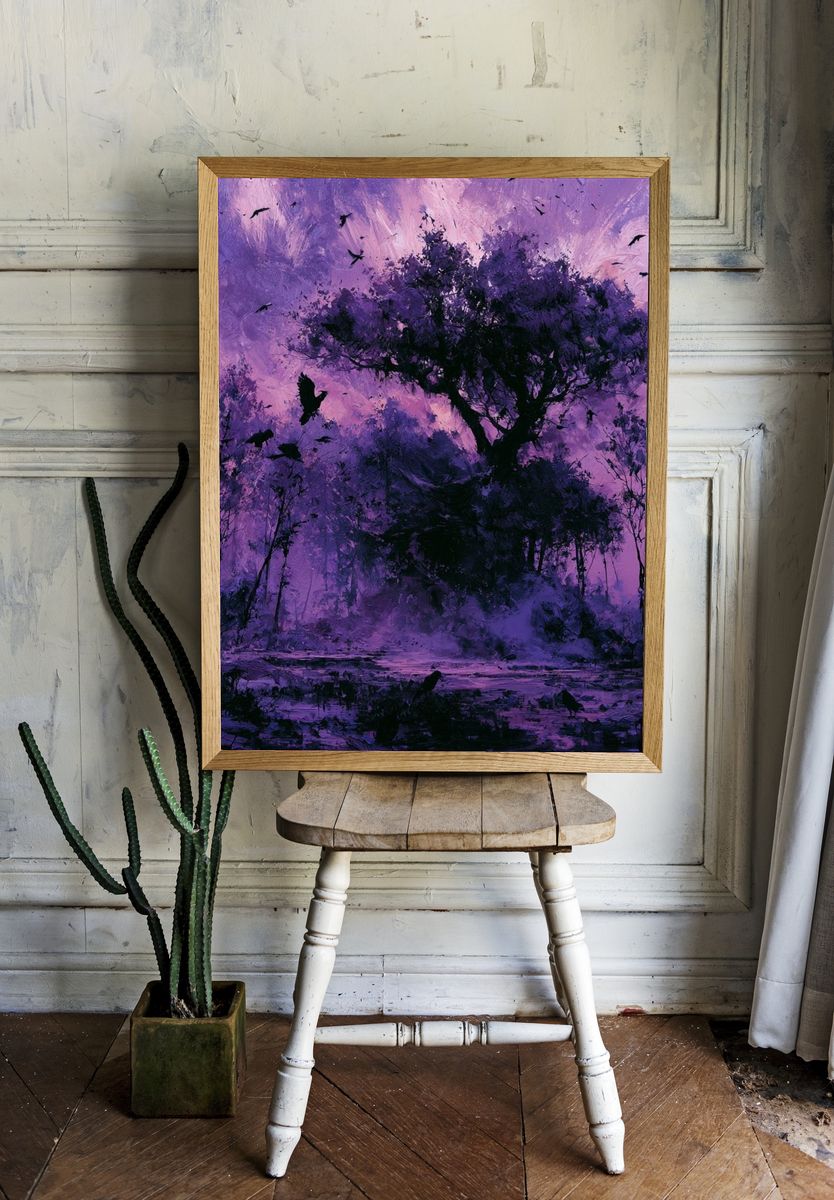 Purple Forest Silhouette Print. room preview