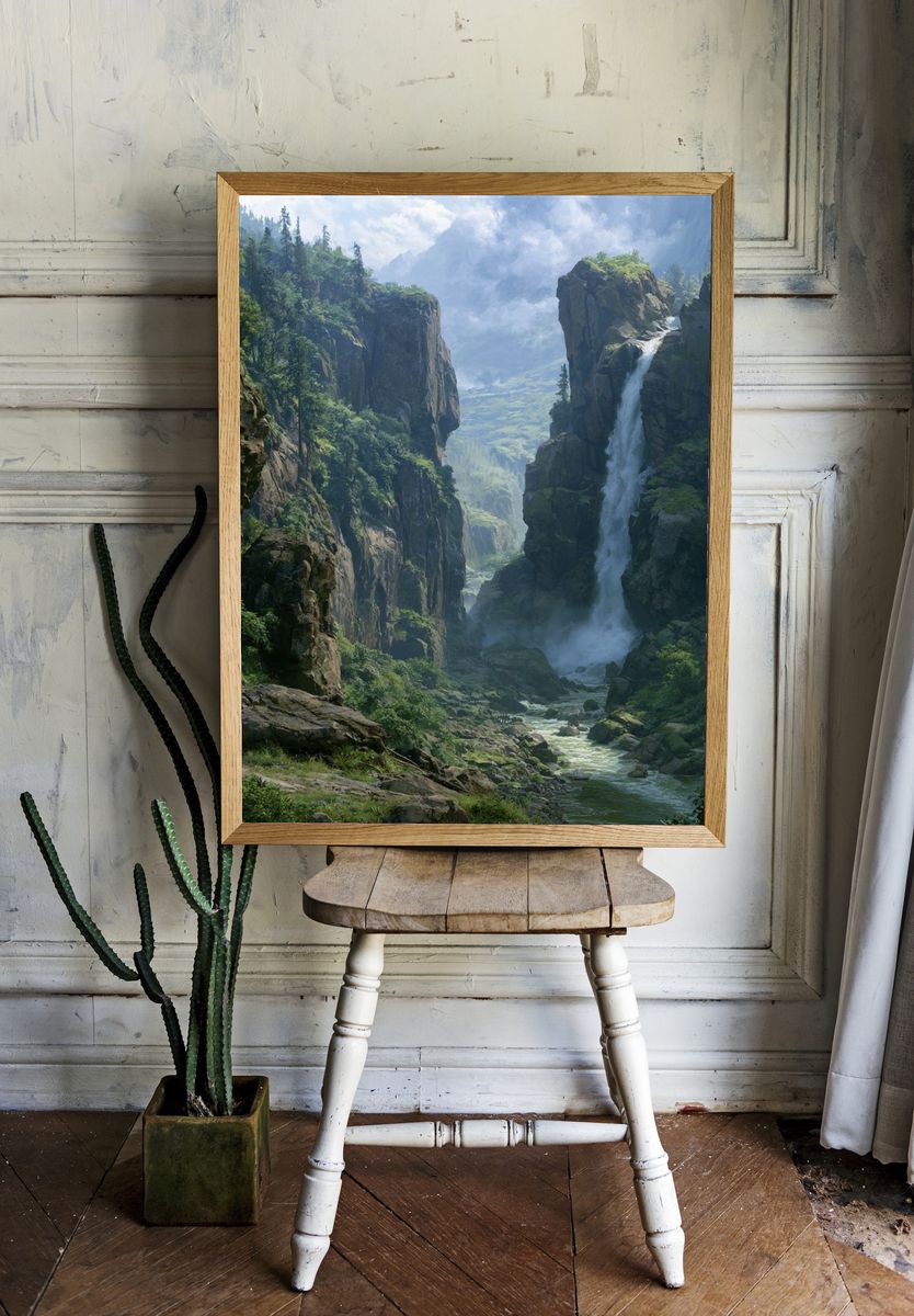 Misty Canyon Waterfall Landscape Print. room preview