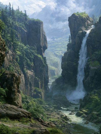 Misty Canyon Waterfall Landscape Print.