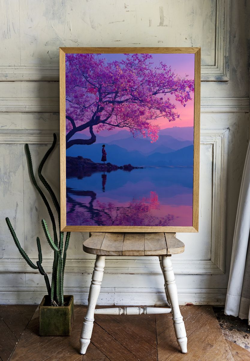 Cherry Blossom Lake Sunset Print room preview