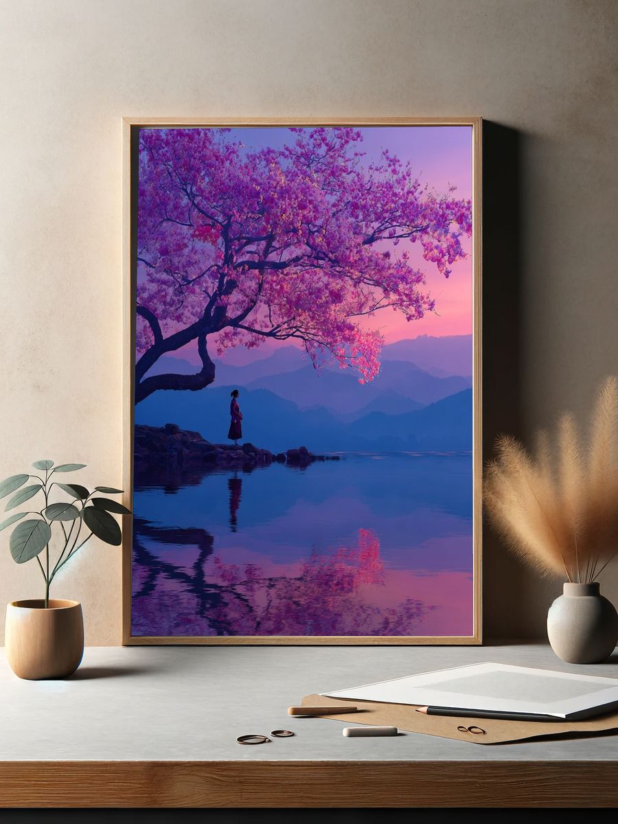 Cherry Blossom Lake Sunset Print. — room view 2