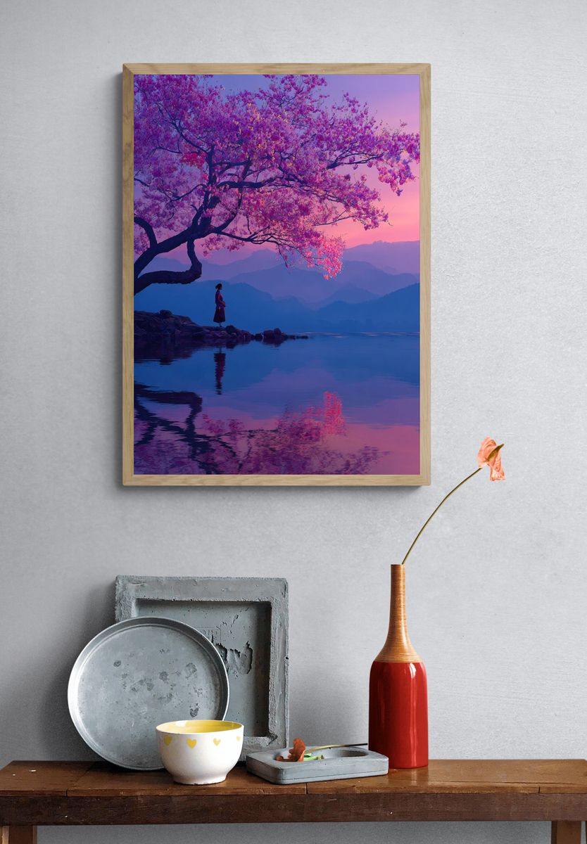 Cherry Blossom Lake Sunset Print. — room view 3