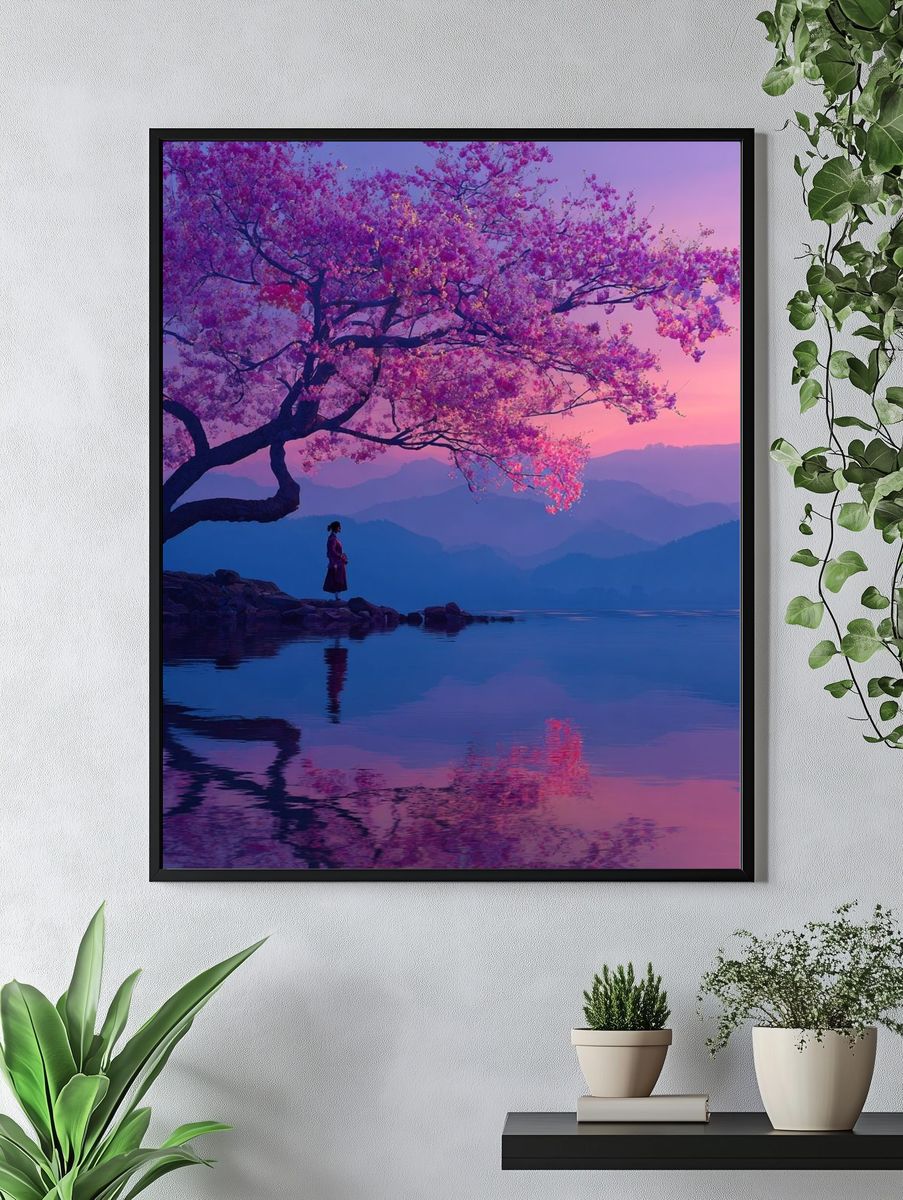 Cherry Blossom Lake Sunset Print. — room view 4