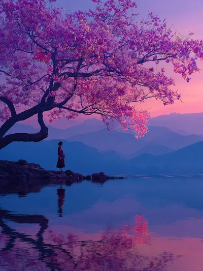 Cherry Blossom Lake Sunset Print. poster