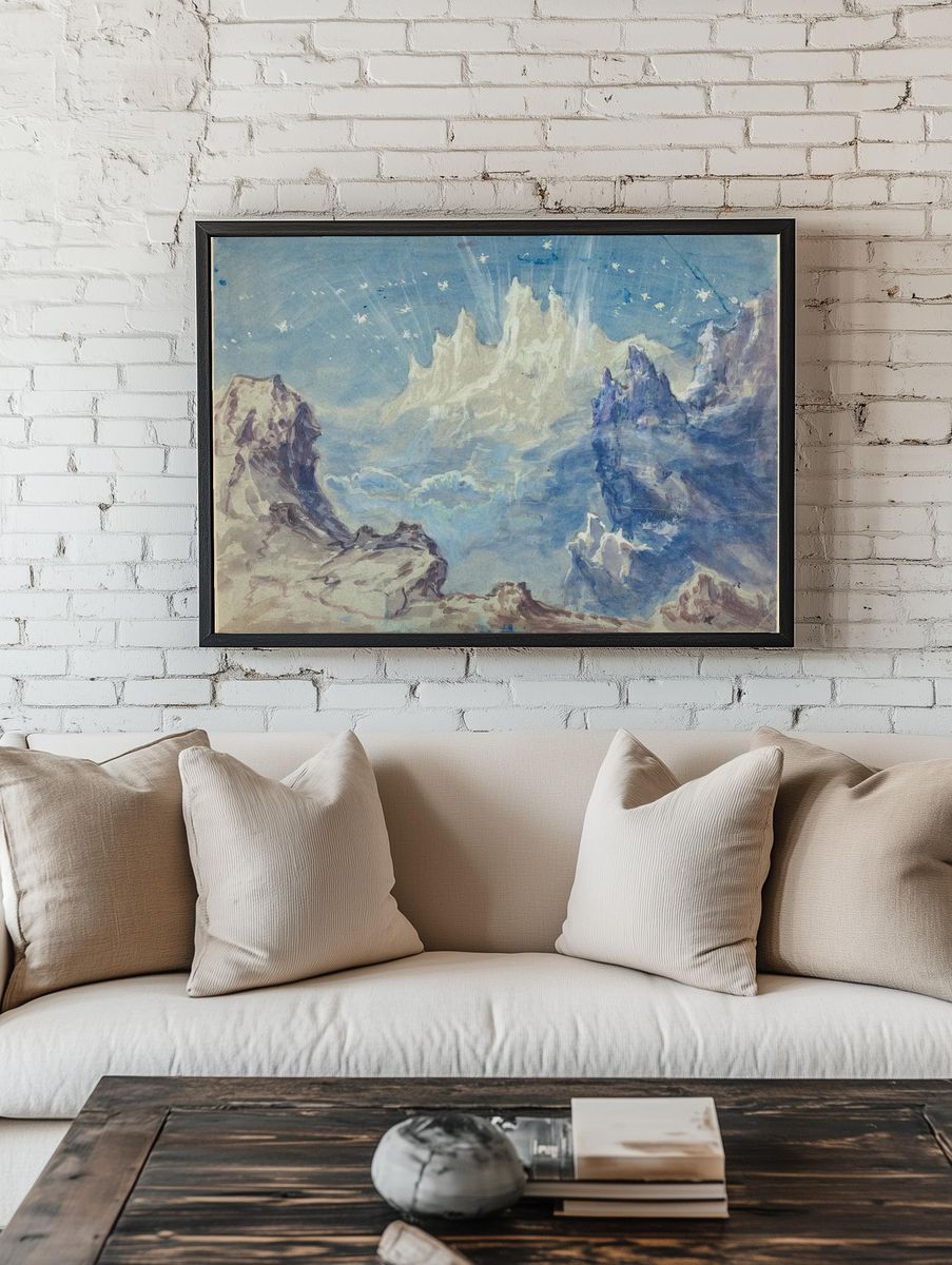 Dreamy Mountain Landscape Watercolor Print. — room view 1