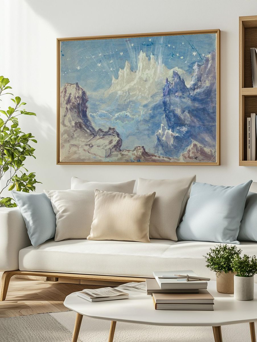 Dreamy Mountain Landscape Watercolor Print. — room view 2