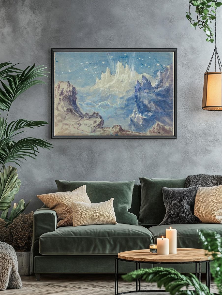 Dreamy Mountain Landscape Watercolor Print. — room view 4