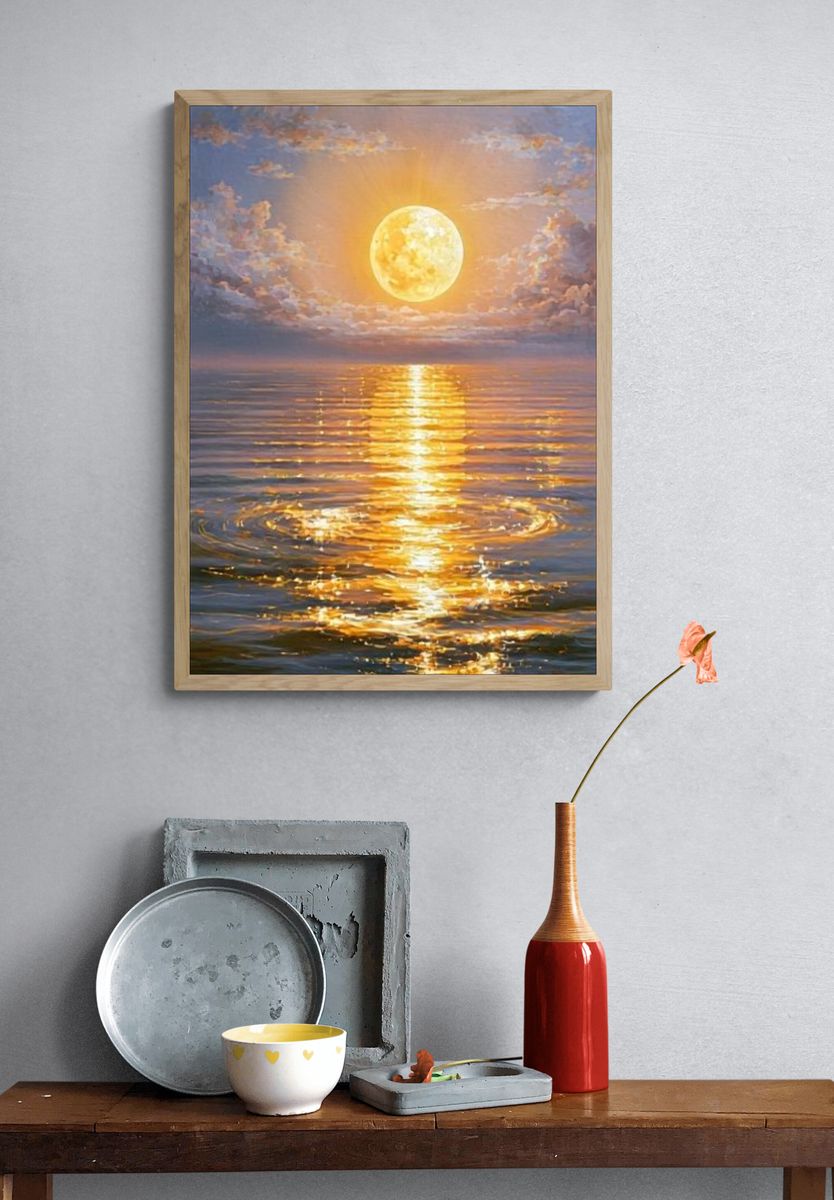 Golden Moon Over Sea Poster. — room view 3
