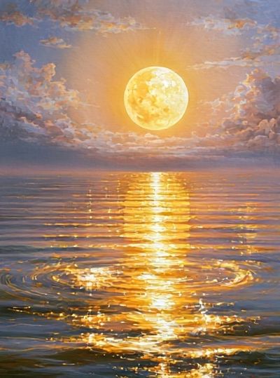 Golden Moon Over Sea Poster.