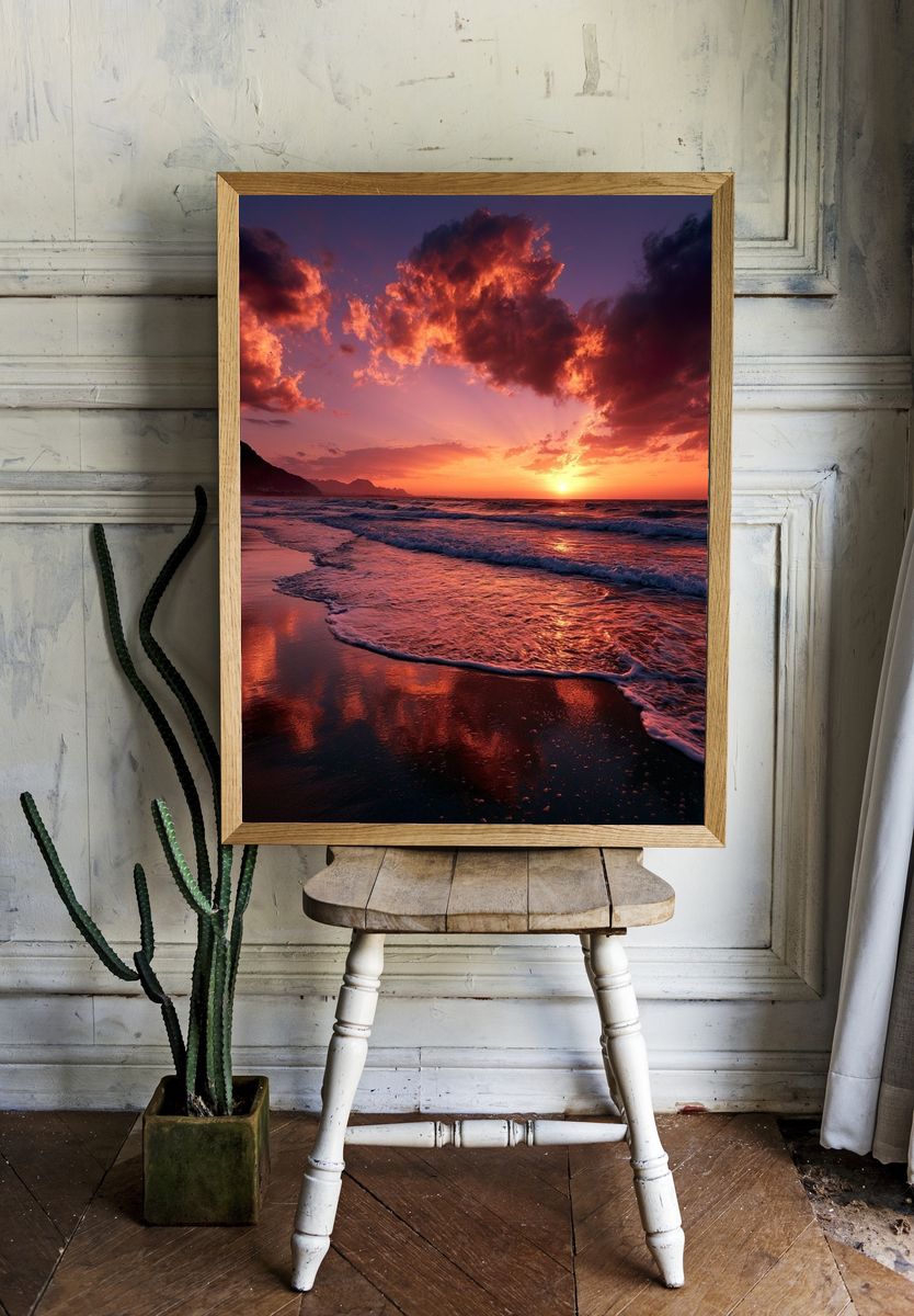 Sunset Beach Waves Photography Poster. room preview