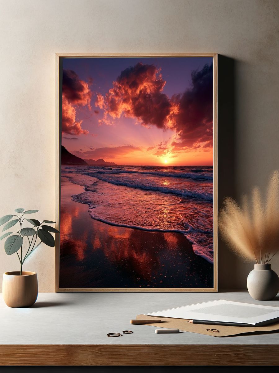 Sunset Beach Waves Photography Poster. — room view 2