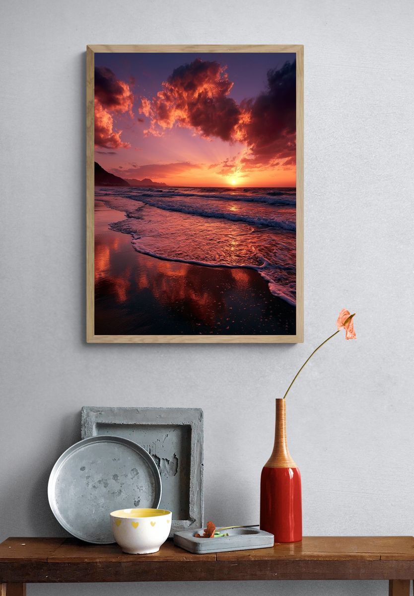 Sunset Beach Waves Photography Poster. — room view 3