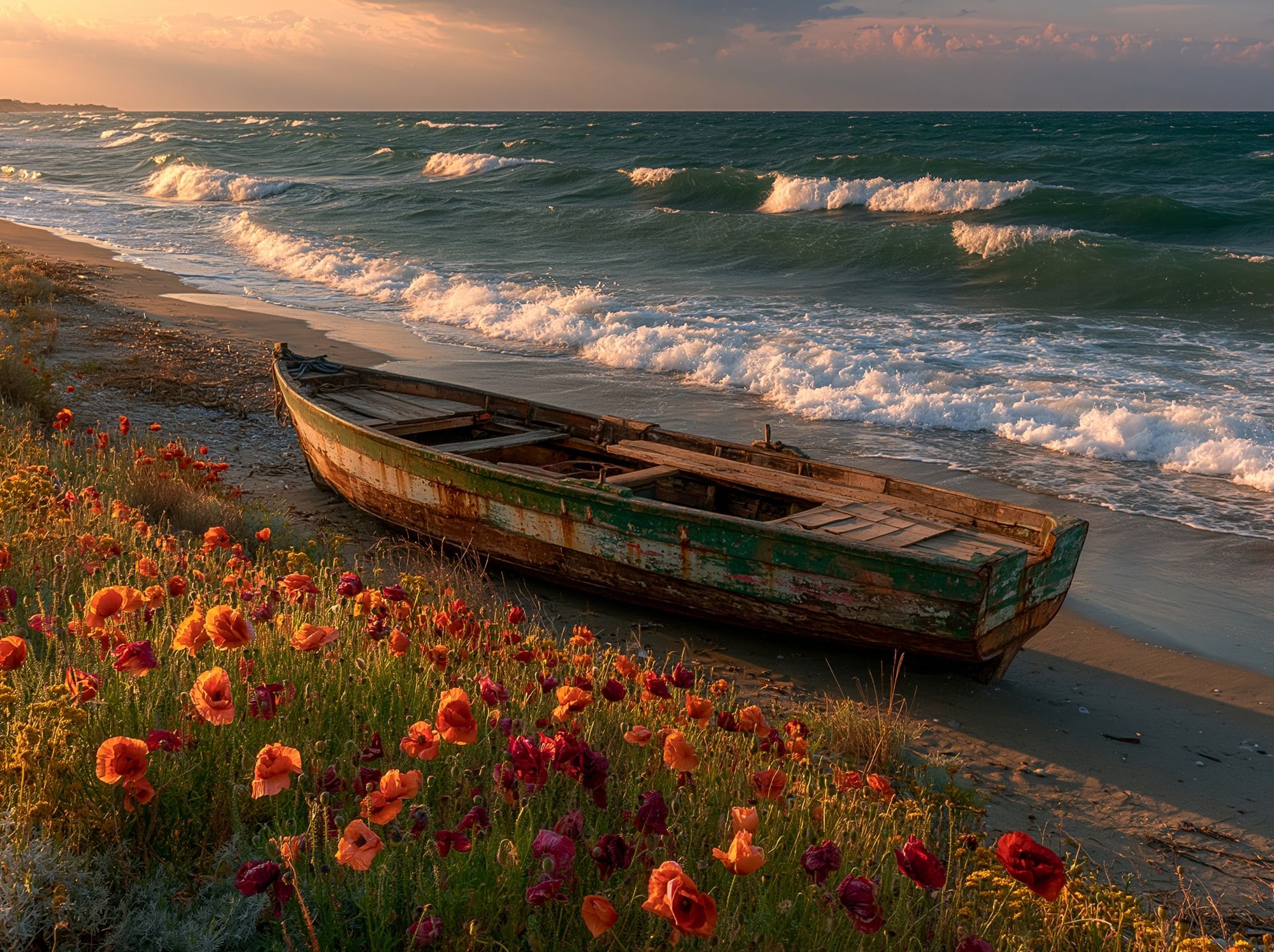 Sunset Shoreline Boat Print. poster detail