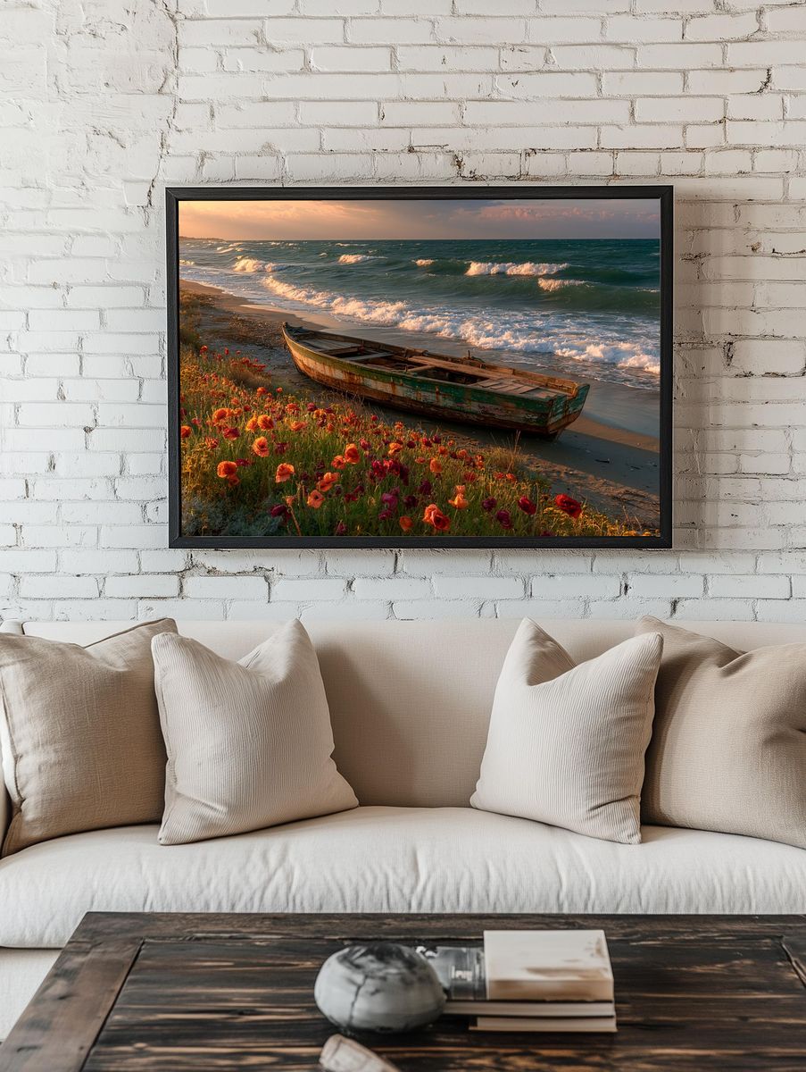 Sunset Shoreline Boat Print. room preview