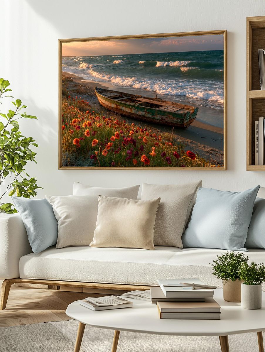Sunset Shoreline Boat Print. — room view 2