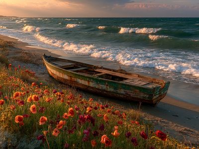 Sunset Shoreline Boat Print. poster