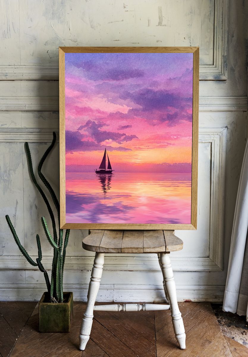 Pastel Sailboat Sunset Print. room preview