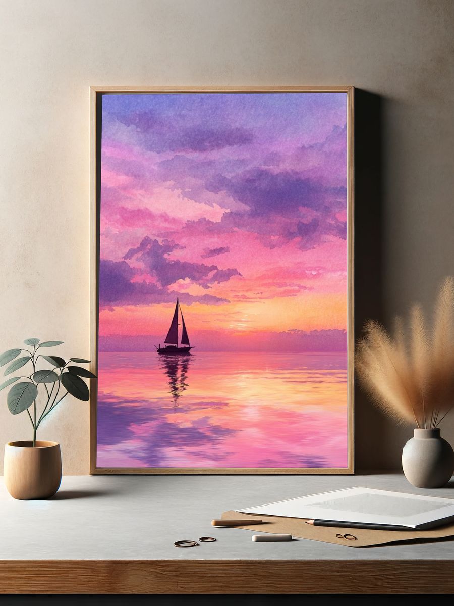 Pastel Sailboat Sunset Print. — room view 2