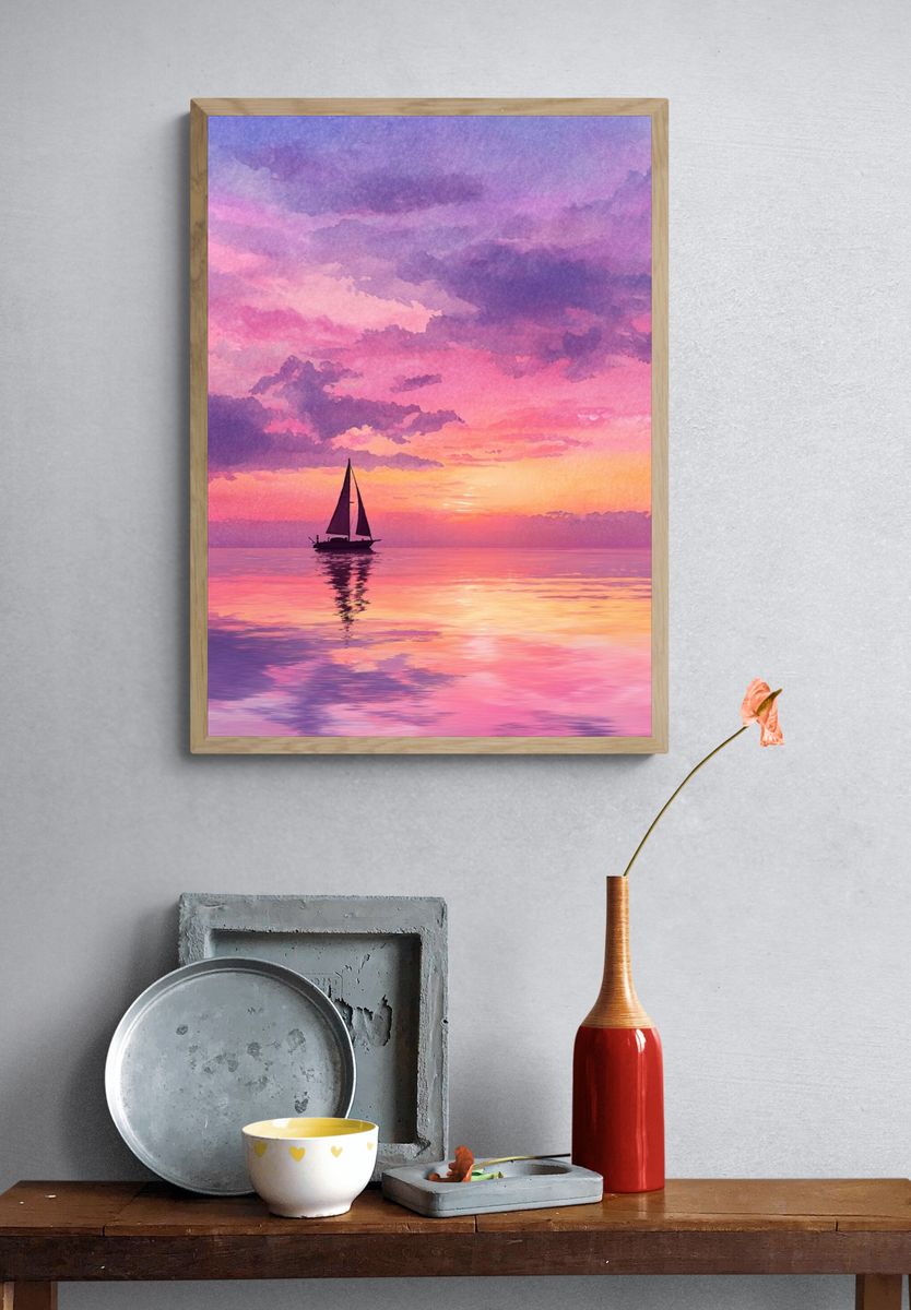 Pastel Sailboat Sunset Print. — room view 3