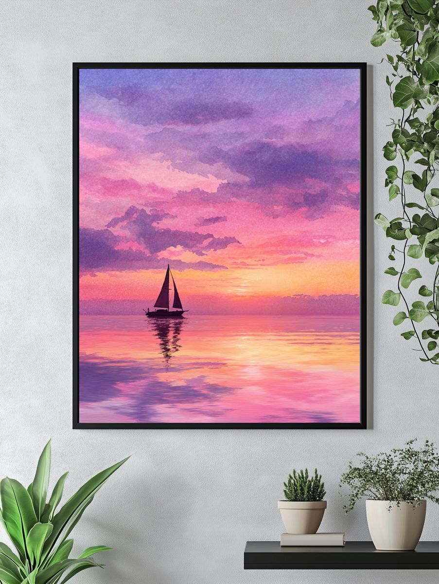 Pastel Sailboat Sunset Print. — room view 4