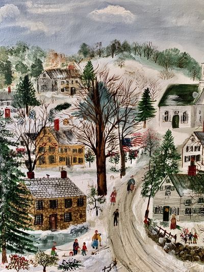 Winter Village Watercolor Poster.