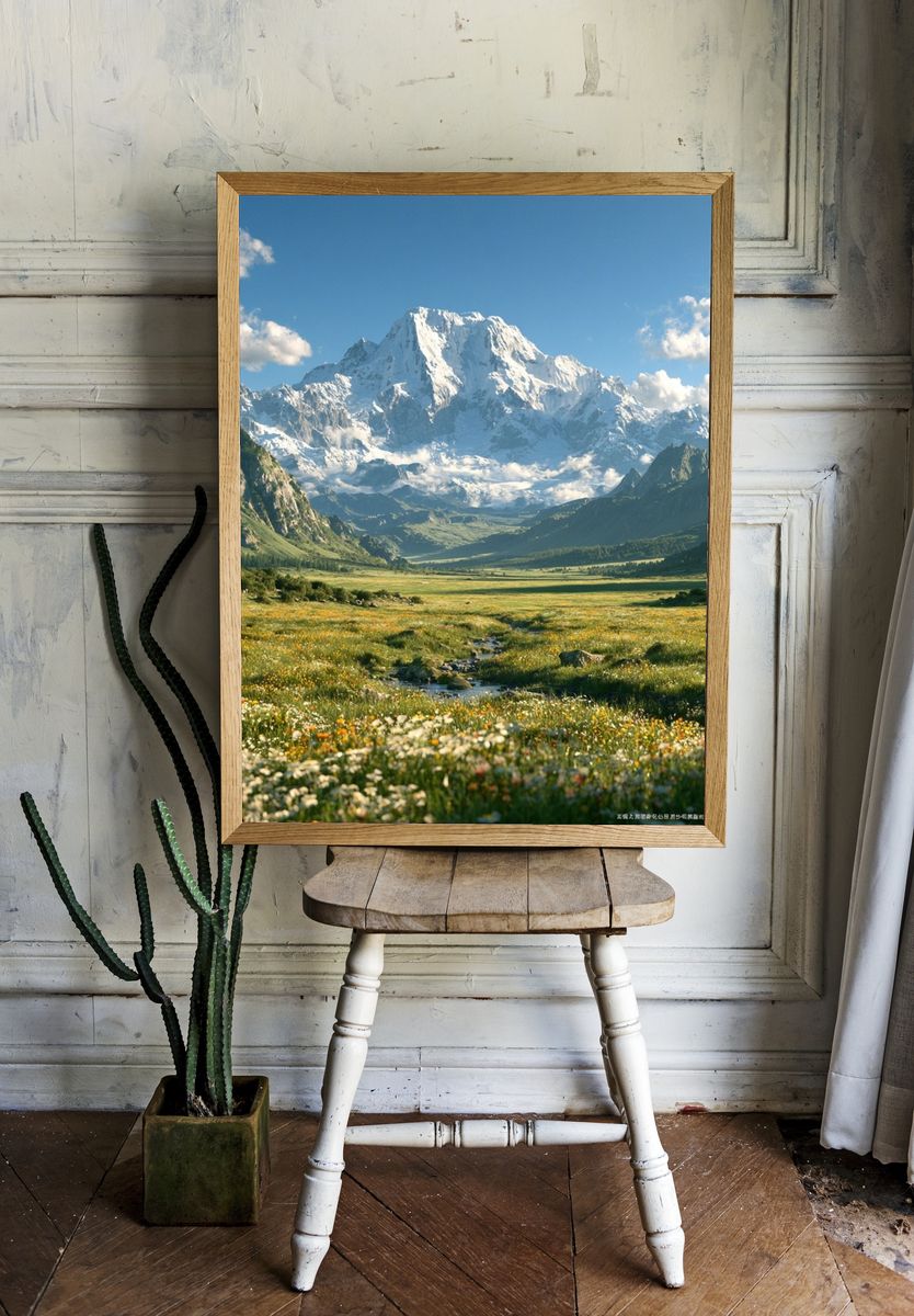 Snowy Mountain Valley Landscape Print. — room view 1