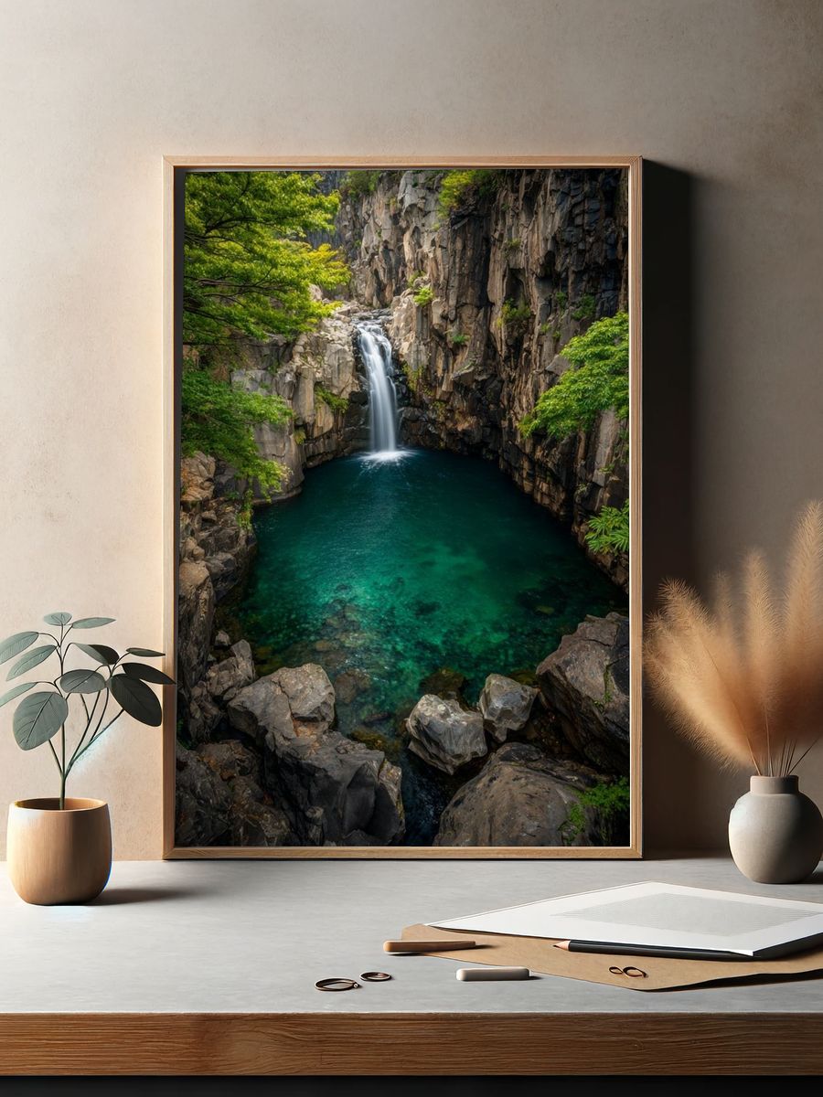 Tropical Waterfall Gorge Print. — room view 2