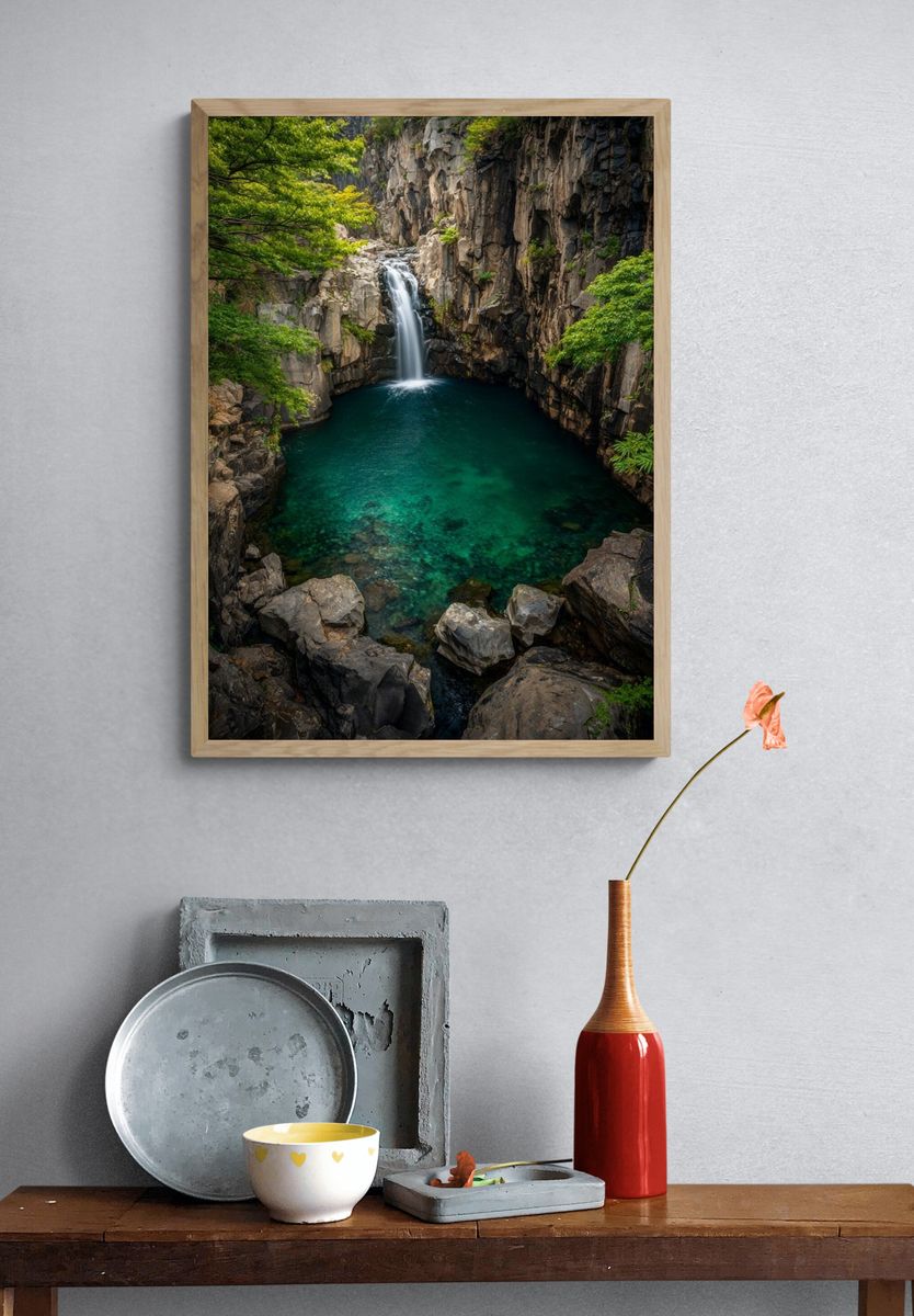Tropical Waterfall Gorge Print. — room view 3
