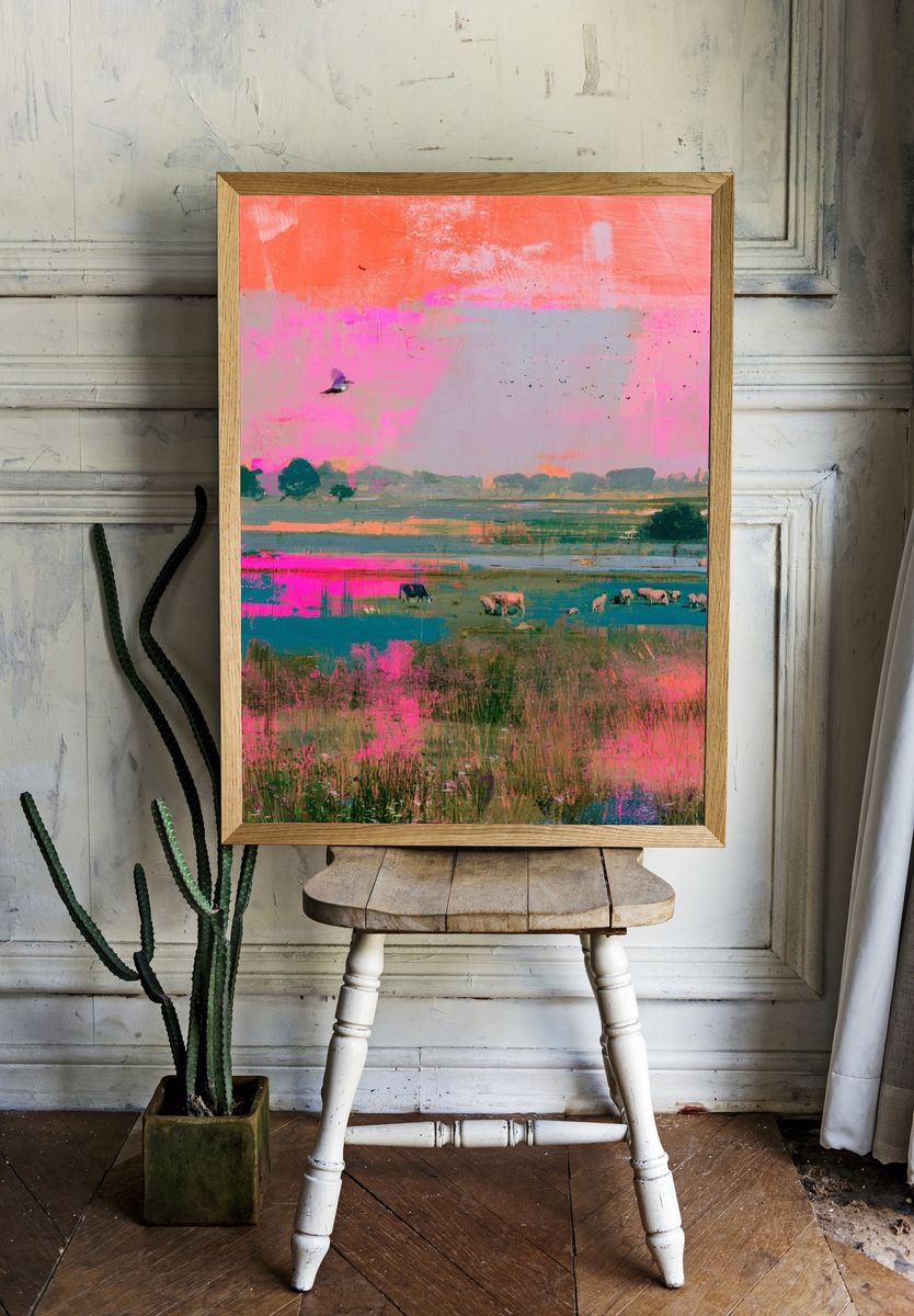 Pastel Meadow Landscape Print. room preview
