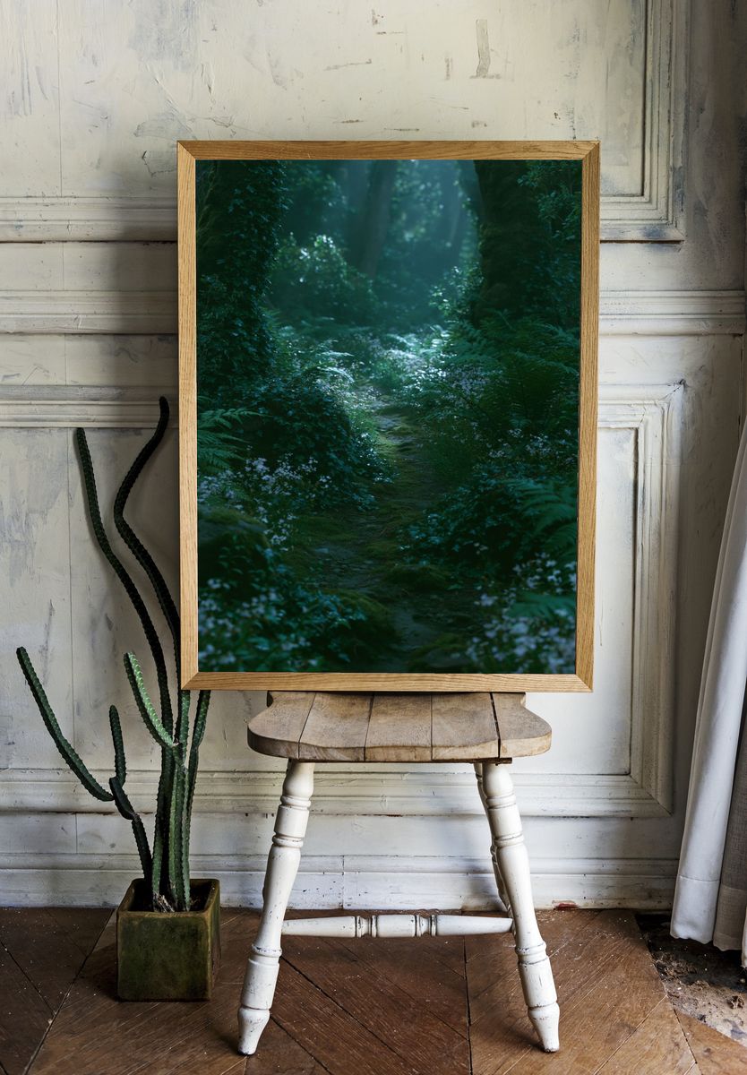 Misty Forest Path Poster. room preview
