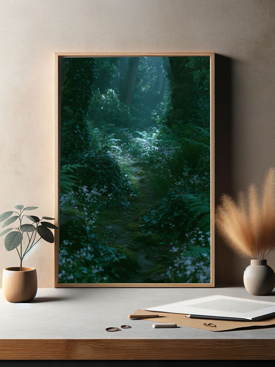 Misty Forest Path Poster. — room view 2