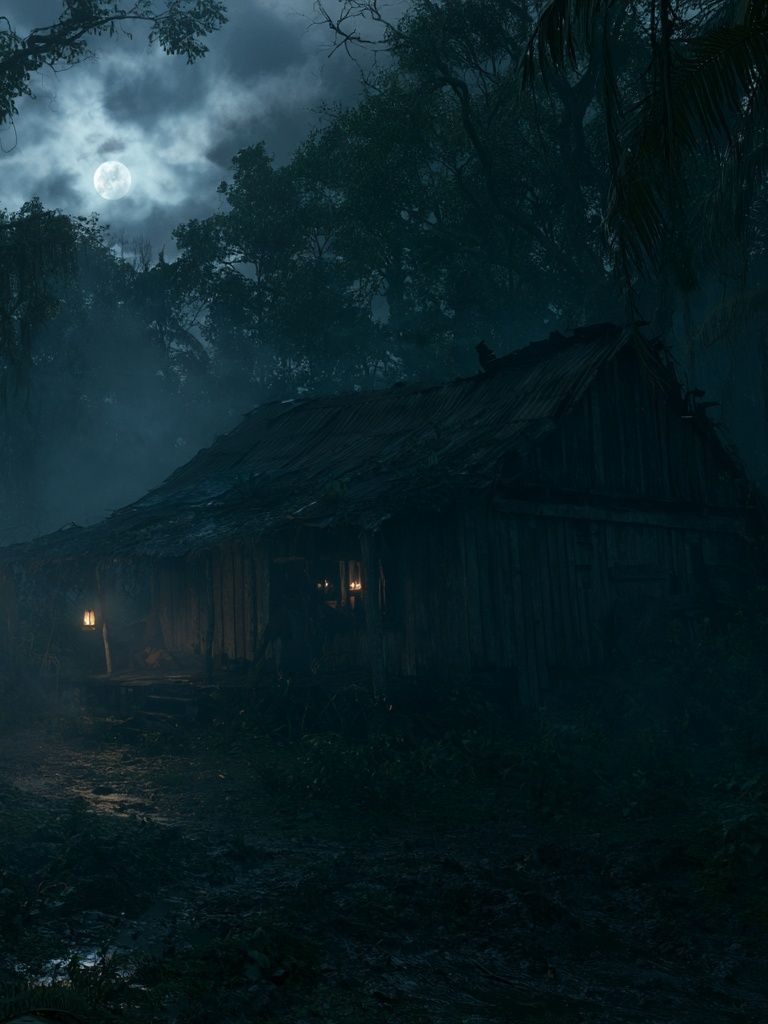 Moonlit Jungle Cabin Poster. poster detail