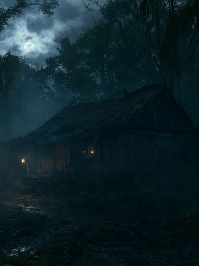 Moonlit Jungle Cabin Poster.