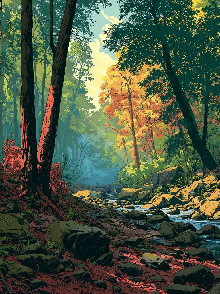 Sunlit Forest Stream Illustration Poster. poster detail