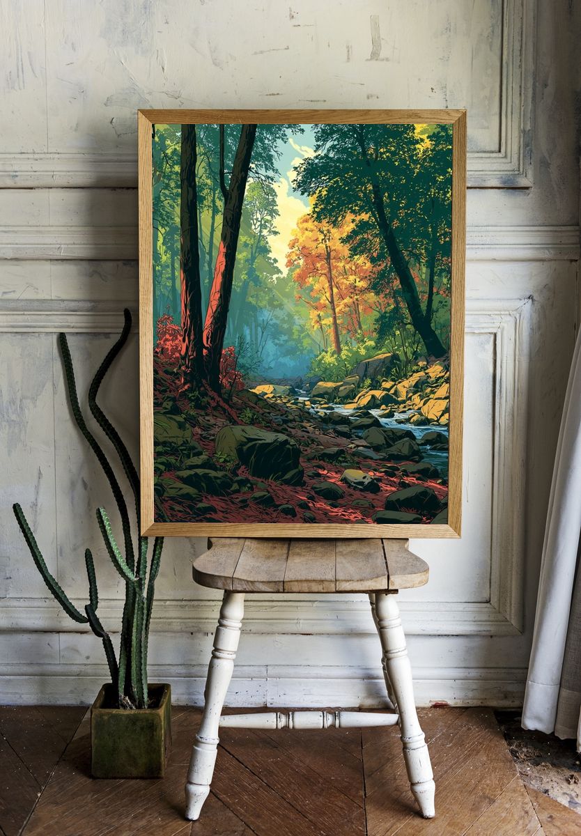 Sunlit Forest Stream Illustration Poster. room preview