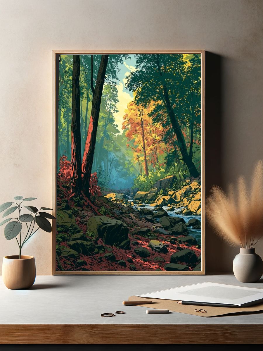 Sunlit Forest Stream Illustration Poster. — room view 2