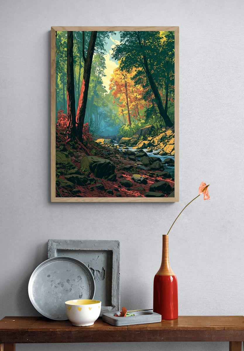 Sunlit Forest Stream Illustration Poster. — room view 3