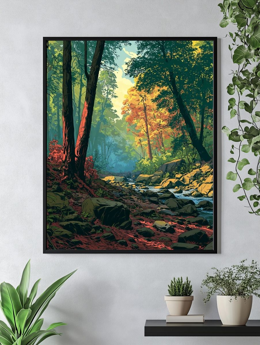 Sunlit Forest Stream Illustration Poster. — room view 4