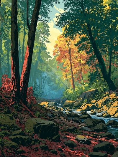 Sunlit Forest Stream Illustration Poster.